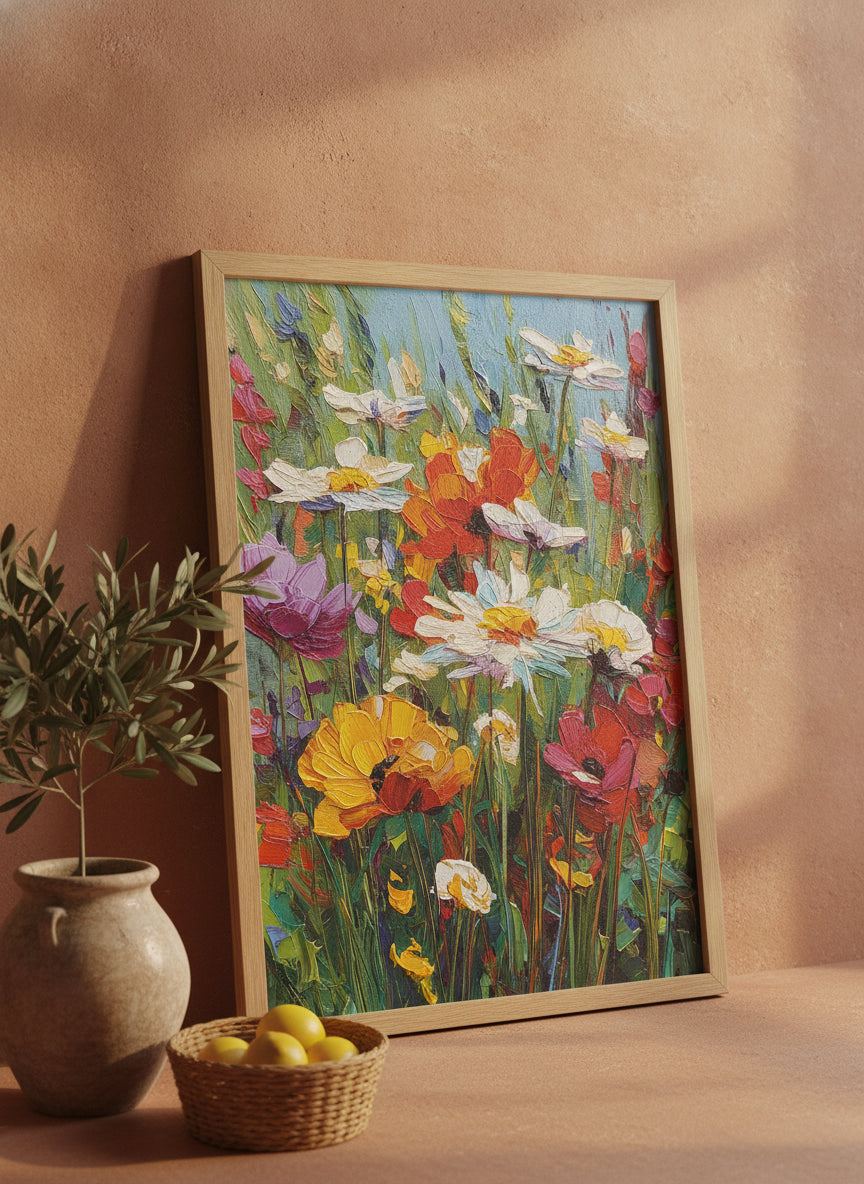 Wildflower Meadow Impasto Art art print shown in a terracotta rustic setting