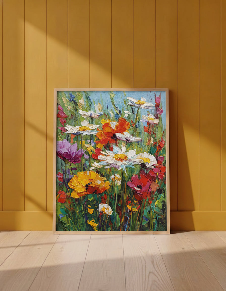 Wildflower Meadow Impasto Art art print shown in a yellow wall setting