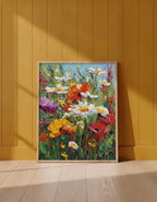 Wildflower Meadow Impasto Art art print shown in a yellow wall setting