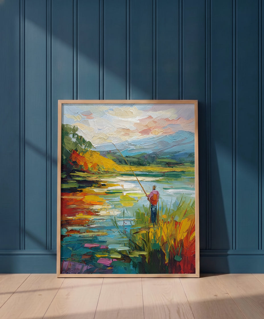 Impressionist Fishing Lake Painting art print shown in a blue 1 setting