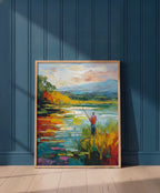Impressionist Fishing Lake Painting art print shown in a blue 1 setting