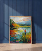 Impressionist Fishing Lake Painting art print shown in a blue wall paneled setting