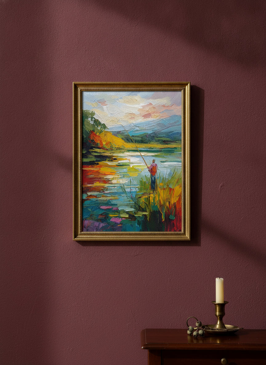 Impressionist Fishing Lake Painting art print shown in a burgundy brass setting
