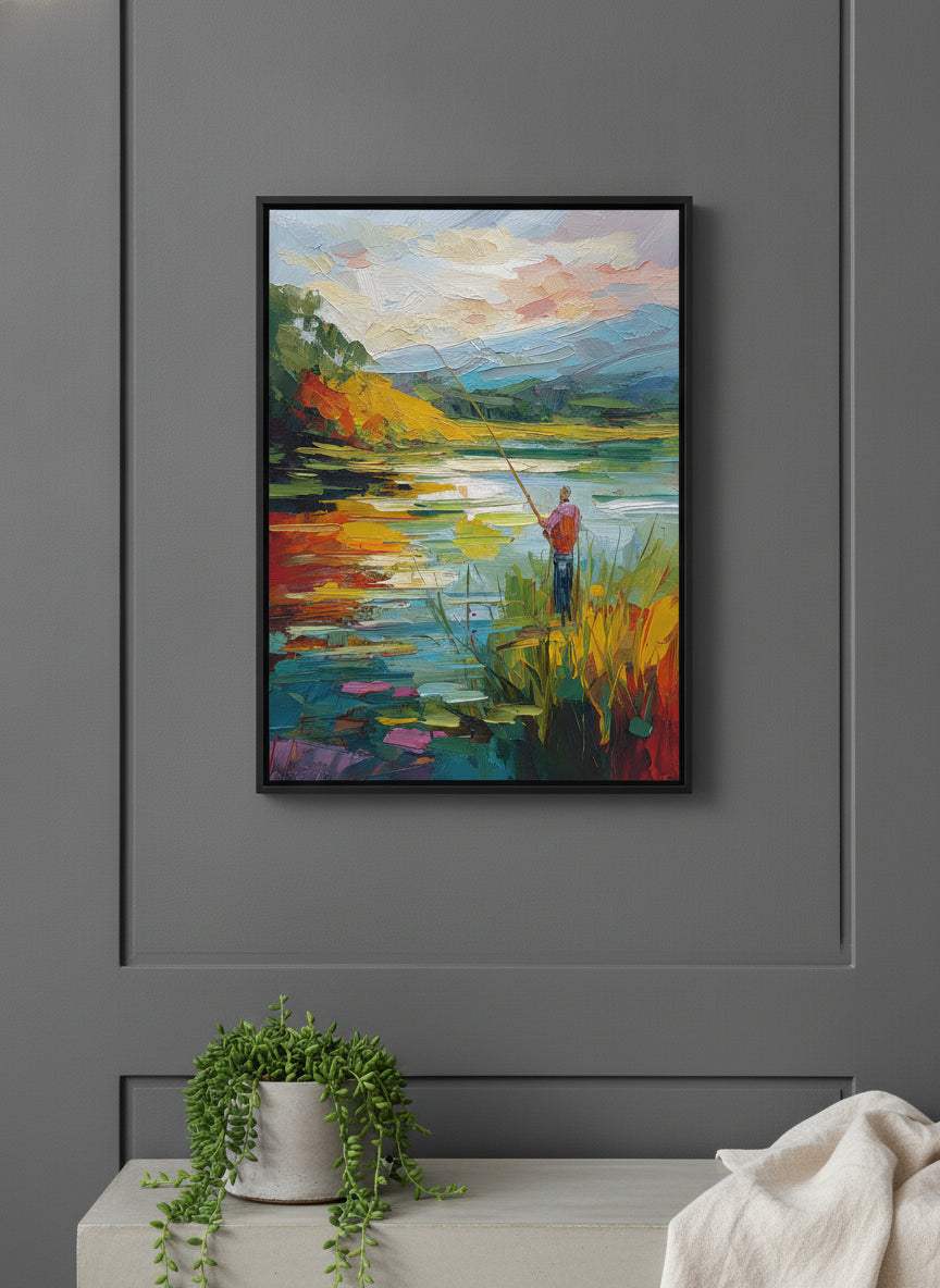 Impressionist Fishing Lake Painting art print shown in a charcoal minimal black setting