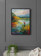 Impressionist Fishing Lake Painting art print shown in a charcoal minimal black setting