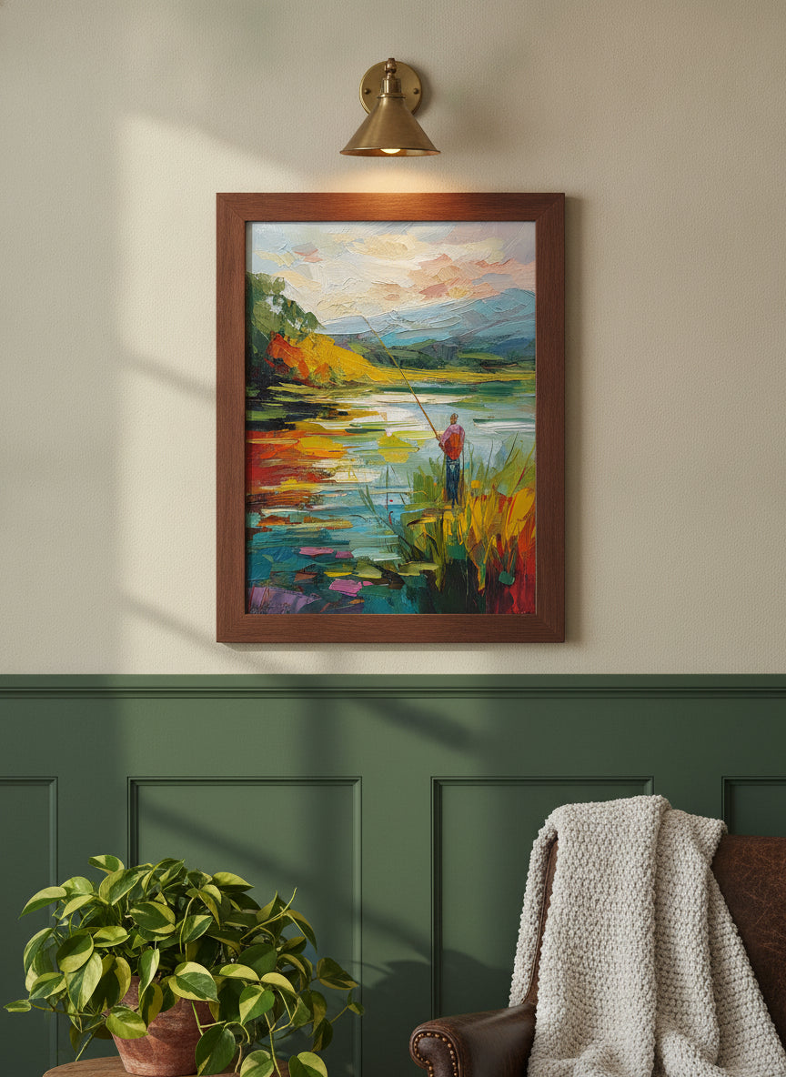 Impressionist Fishing Lake Painting art print shown in a forest green walnut setting