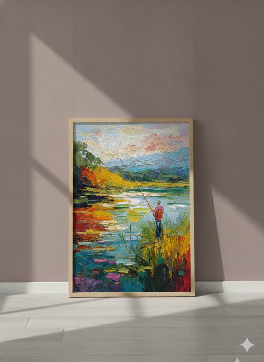 Impressionist Fishing Lake Painting art print shown in a purple setting