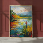Impressionist Fishing Lake Painting art print shown in a red setting