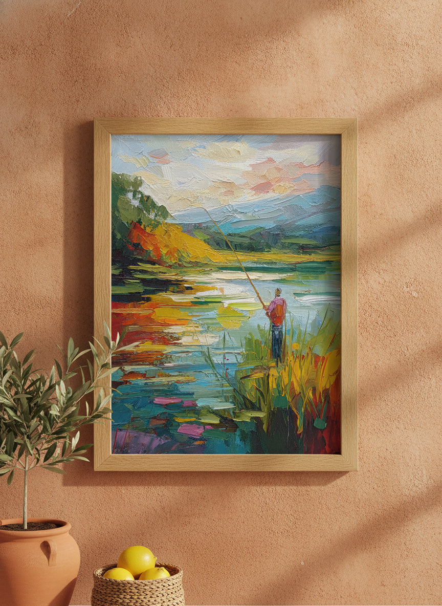Impressionist Fishing Lake Painting art print shown in a terracotta rustic setting