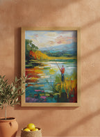 Impressionist Fishing Lake Painting art print shown in a terracotta rustic setting