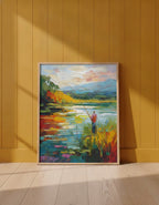 Impressionist Fishing Lake Painting art print shown in a yellow wall setting