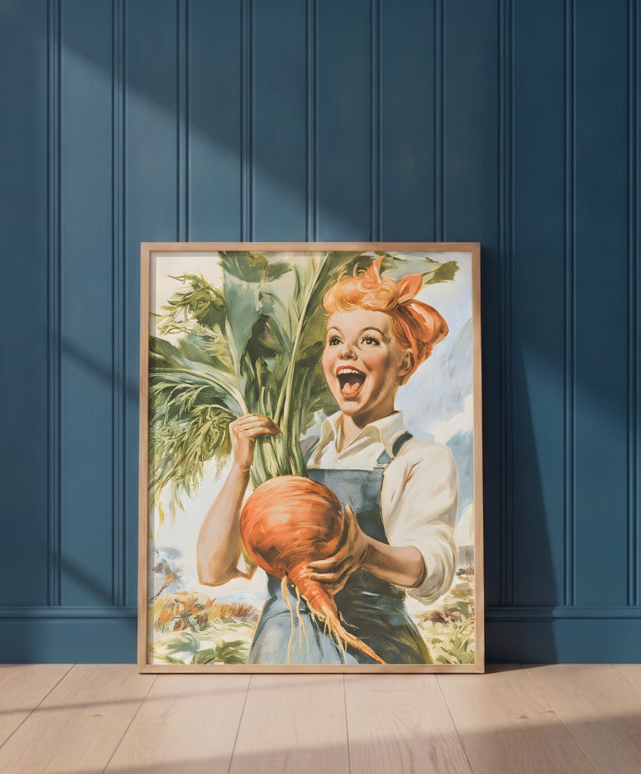Vintage Farmgirl Harvest Illustration art print shown in a blue 1 setting