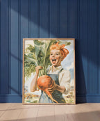 Vintage Farmgirl Harvest Illustration art print shown in a blue wall paneled setting