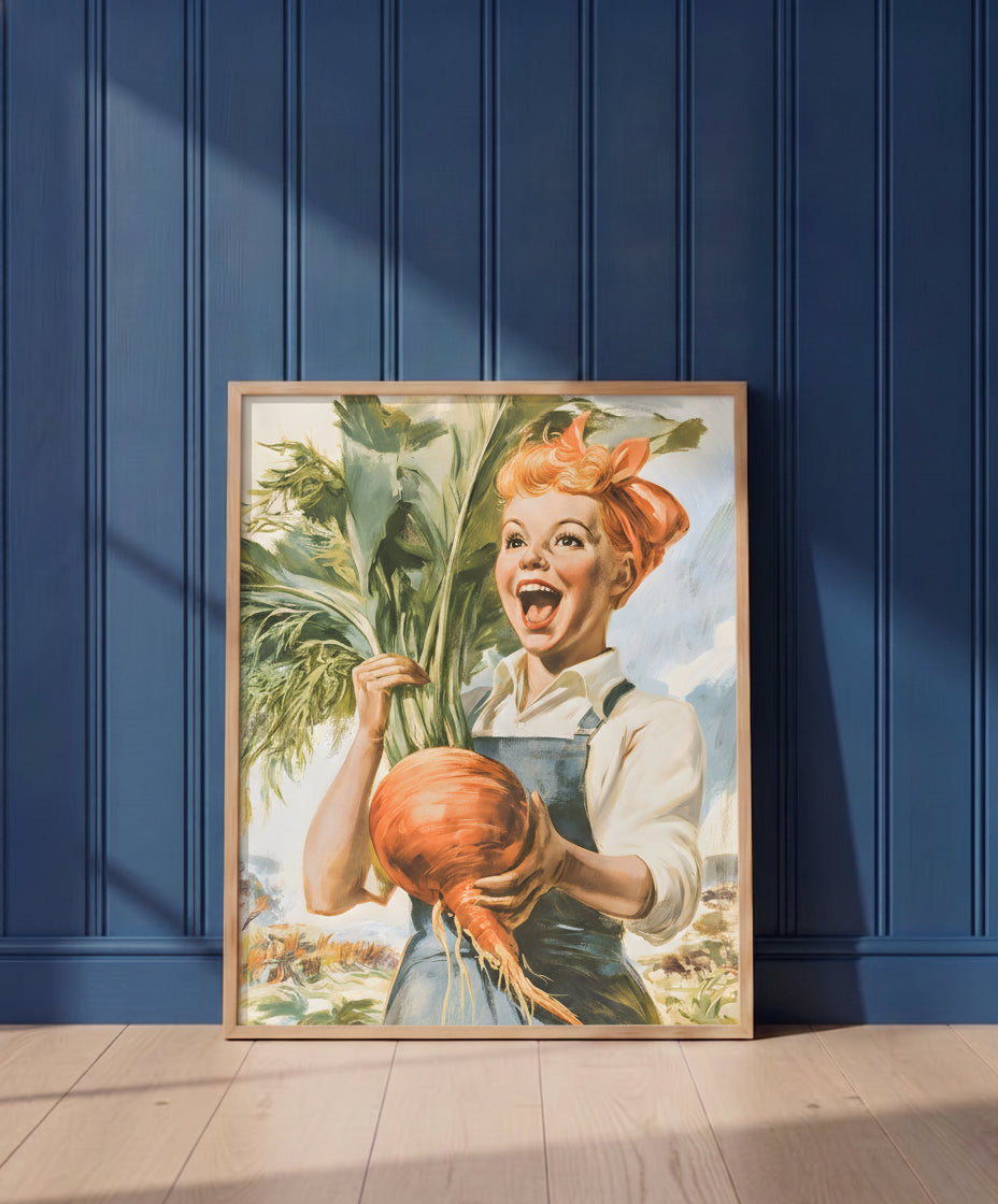 Vintage Farmgirl Harvest Illustration art print shown in a blue wall paneled setting