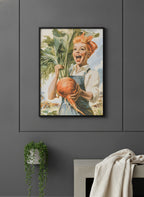 Vintage Farmgirl Harvest Illustration art print shown in a charcoal minimal black setting