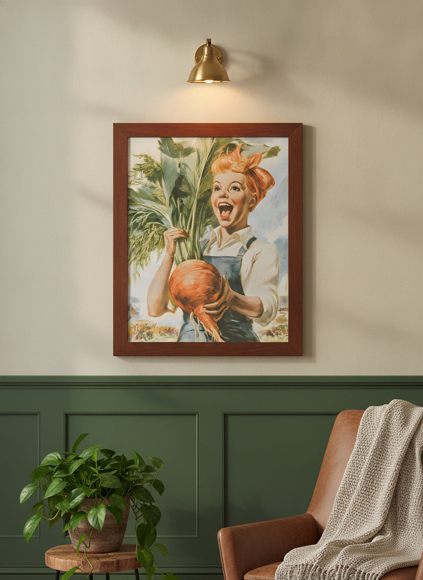 Vintage Farmgirl Harvest Illustration art print shown in a forest green walnut setting