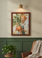 Vintage Farmgirl Harvest Illustration art print shown in a forest green walnut setting
