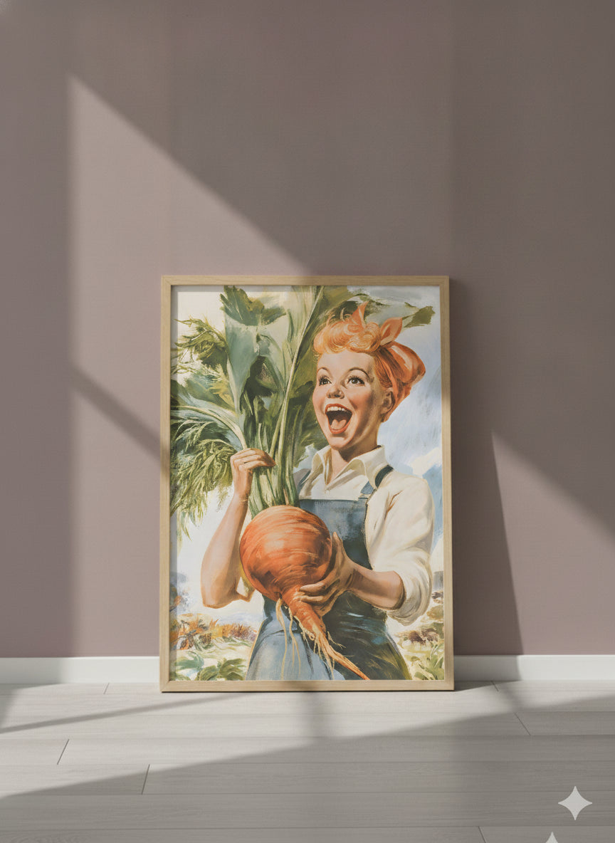 Vintage Farmgirl Harvest Illustration art print shown in a purple setting