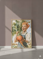 Vintage Farmgirl Harvest Illustration art print shown in a purple setting