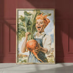 Vintage Farmgirl Harvest Illustration art print shown in a red setting