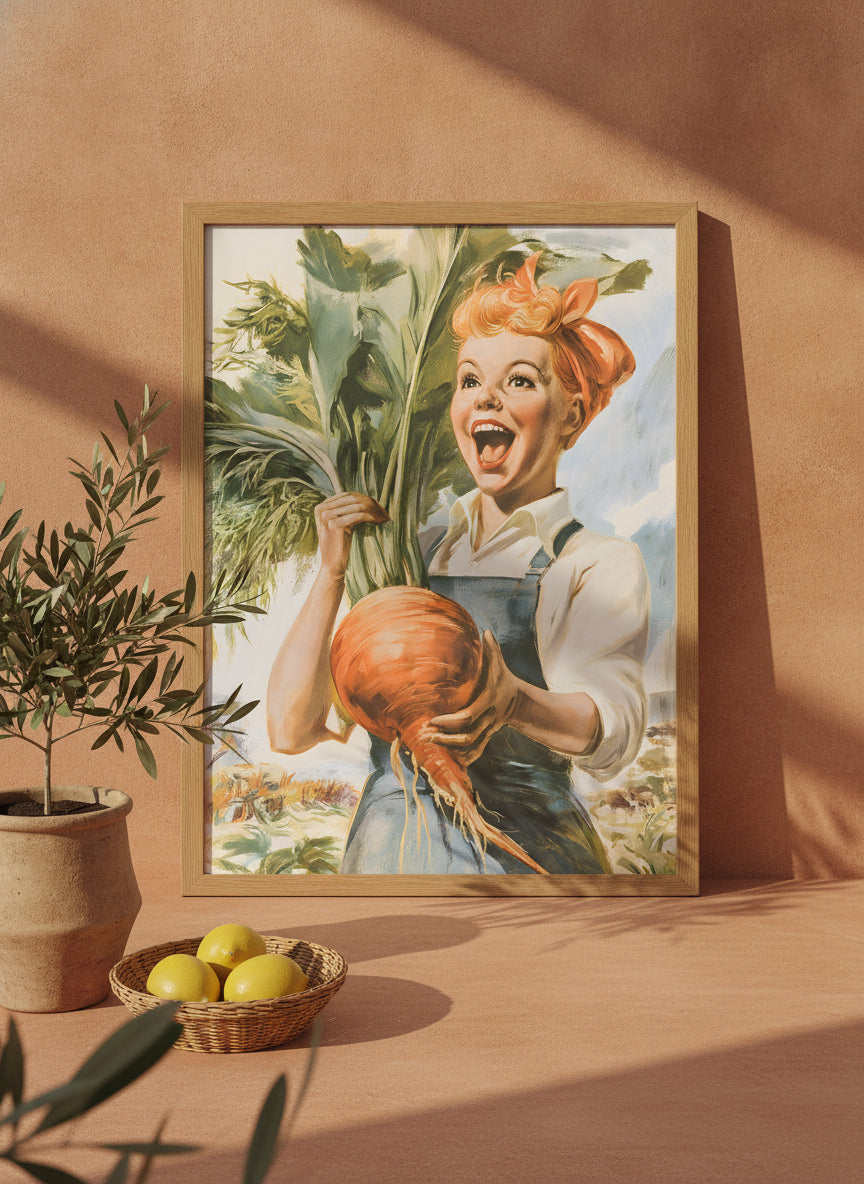 Vintage Farmgirl Harvest Illustration art print shown in a terracotta rustic setting