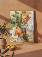 Vintage Farmgirl Harvest Illustration art print shown in a terracotta rustic setting