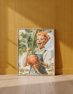 Vintage Farmgirl Harvest Illustration art print shown in a yellow wall setting