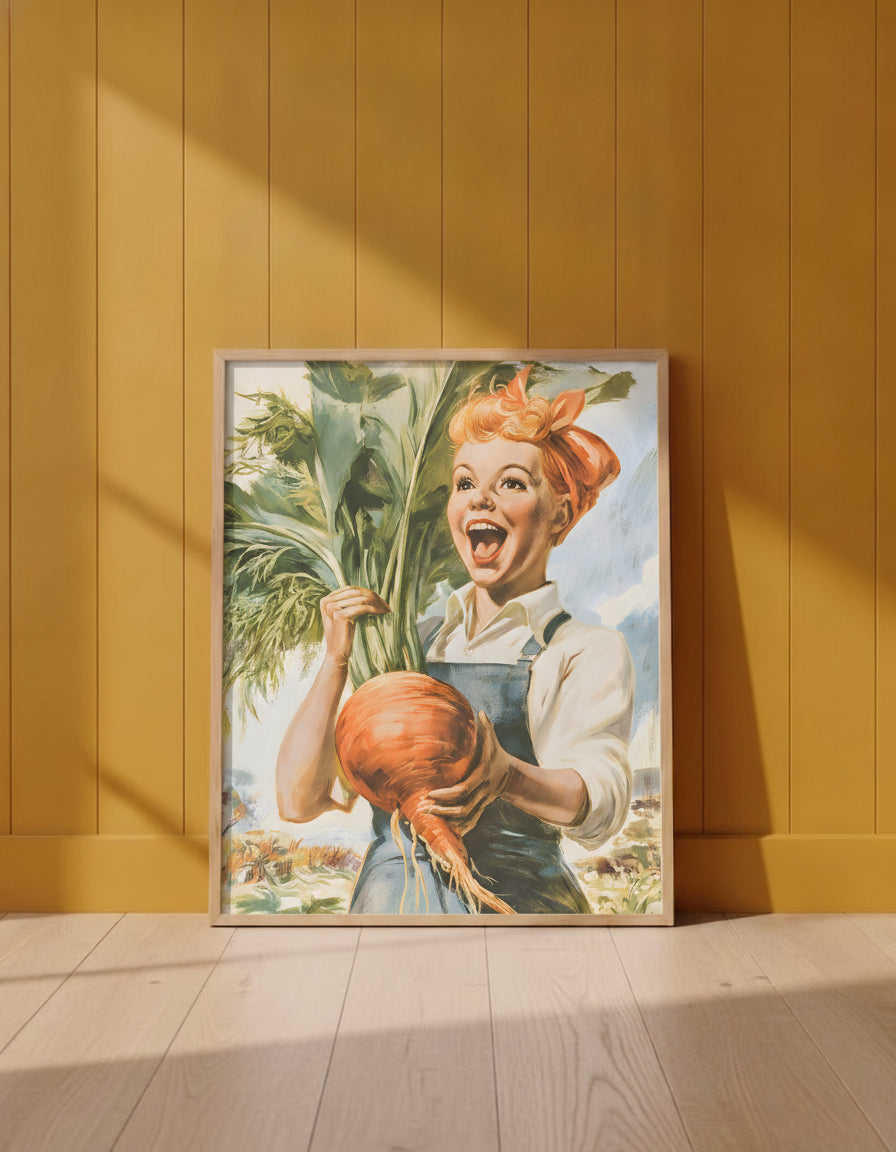 Vintage Farmgirl Harvest Illustration art print shown in a yellow wall setting