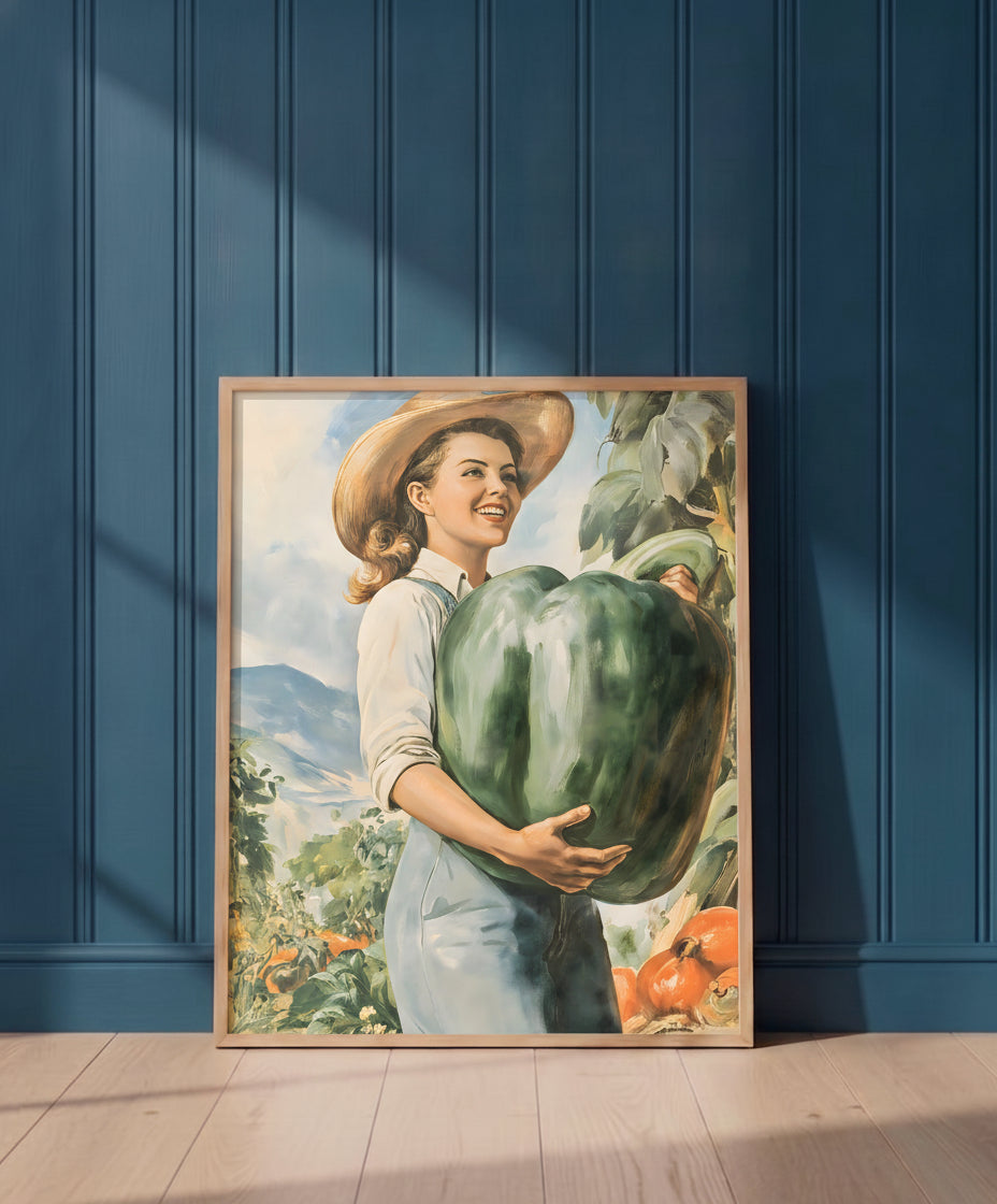 Vintage Farm Woman Harvest Art art print shown in a blue 1 setting