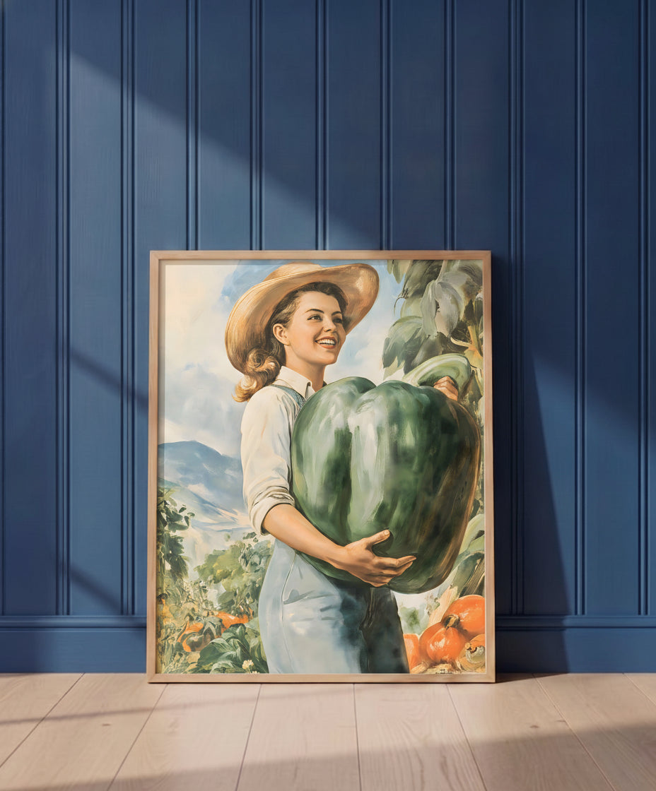 Vintage Farm Woman Harvest Art art print shown in a blue wall paneled setting