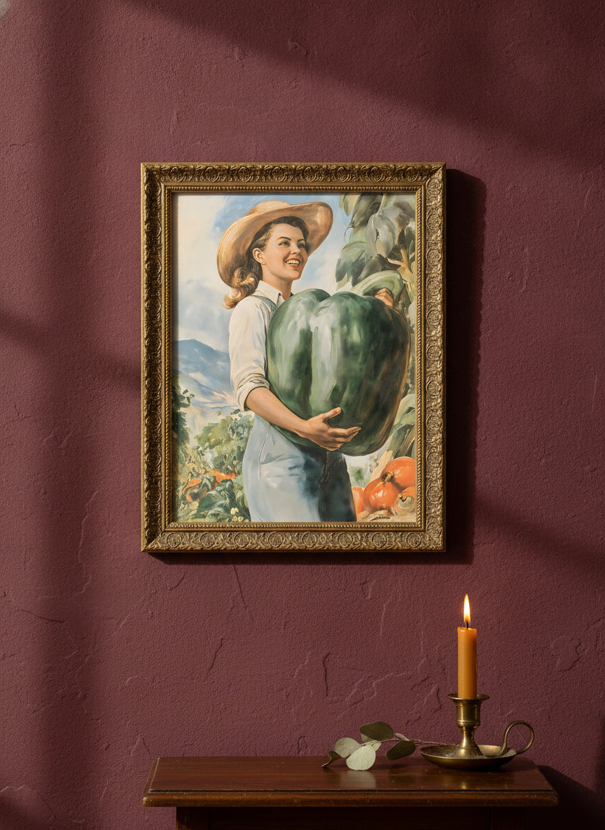 Vintage Farm Woman Harvest Art art print shown in a burgundy brass setting