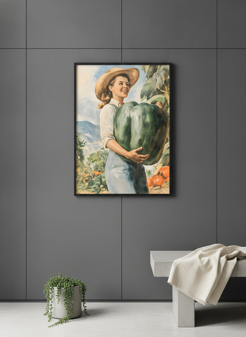 Vintage Farm Woman Harvest Art art print shown in a charcoal minimal black setting