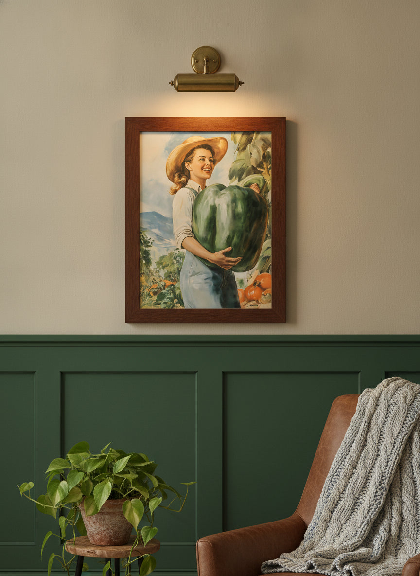 Vintage Farm Woman Harvest Art art print shown in a forest green walnut setting