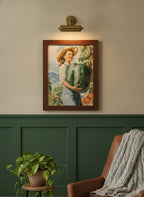 Vintage Farm Woman Harvest Art art print shown in a forest green walnut setting