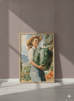 Vintage Farm Woman Harvest Art art print shown in a purple setting