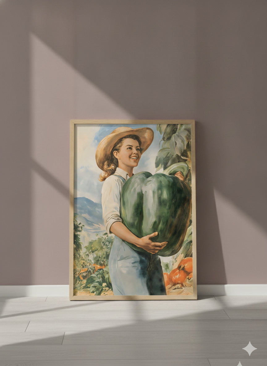 Vintage Farm Woman Harvest Art art print shown in a purple setting