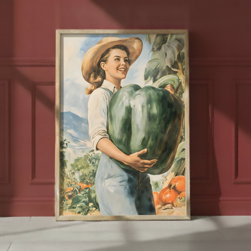 Vintage Farm Woman Harvest Art art print shown in a red setting
