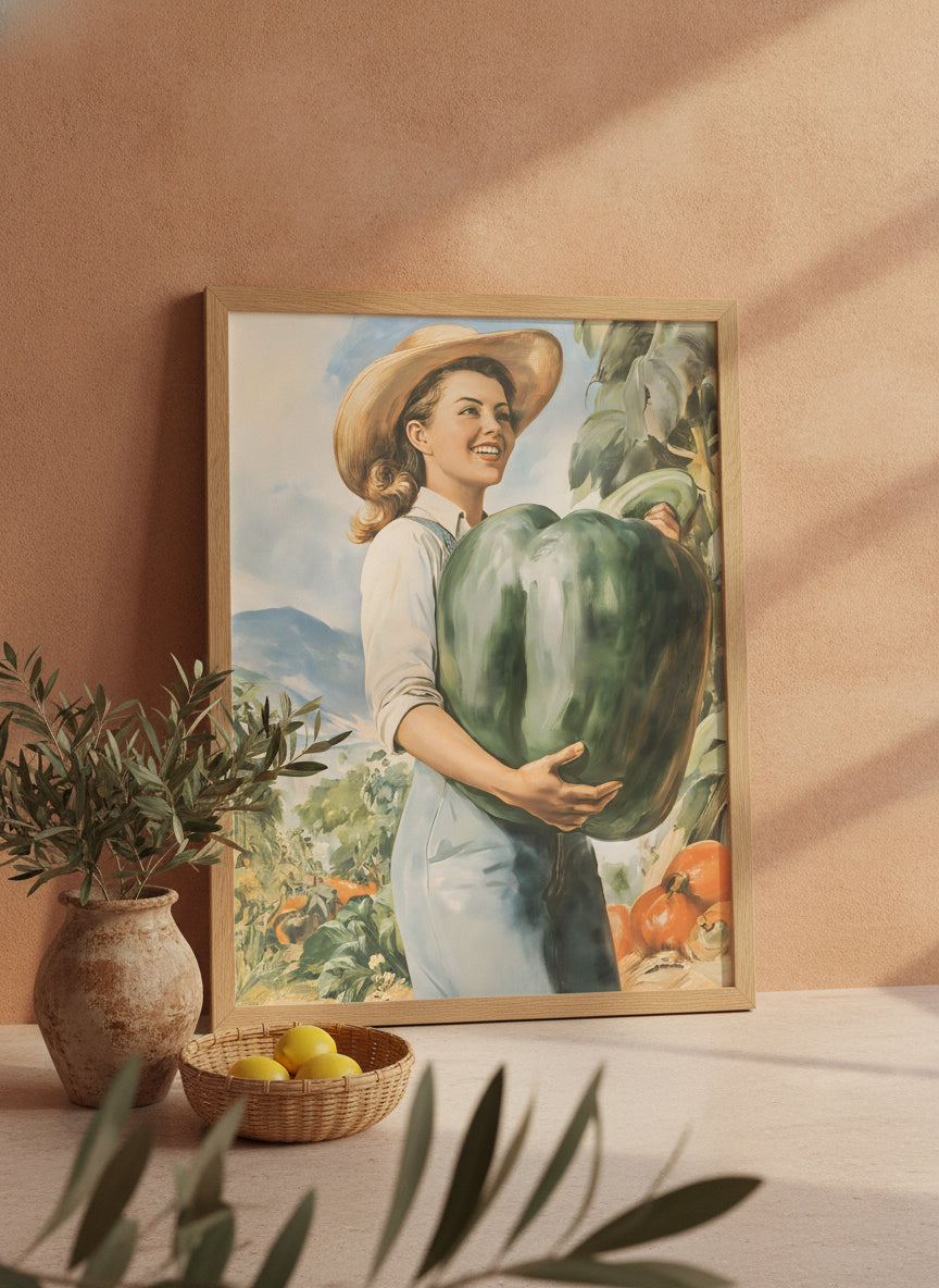 Vintage Farm Woman Harvest Art art print shown in a terracotta rustic setting