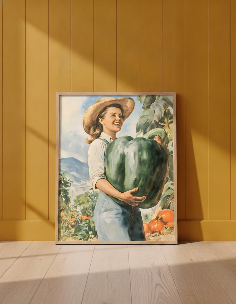 Vintage Farm Woman Harvest Art art print shown in a yellow wall setting