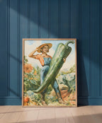 Vintage Farmer Woman Garden Art art print shown in a blue 1 setting