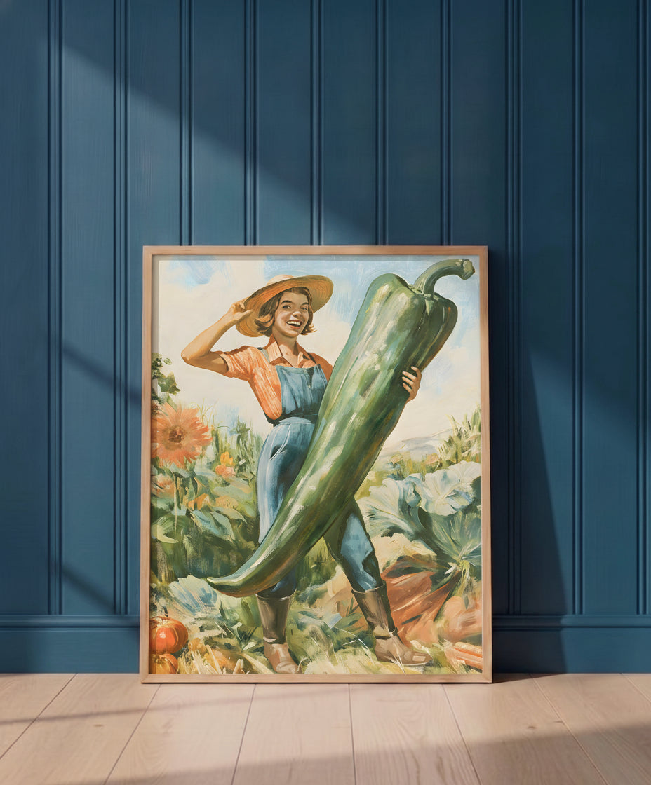Vintage Farmer Woman Garden Art art print shown in a blue 1 setting