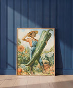 Vintage Farmer Woman Garden Art art print shown in a blue wall paneled setting