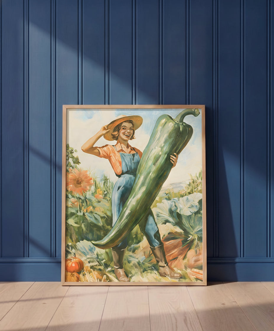 Vintage Farmer Woman Garden Art art print shown in a blue wall paneled setting