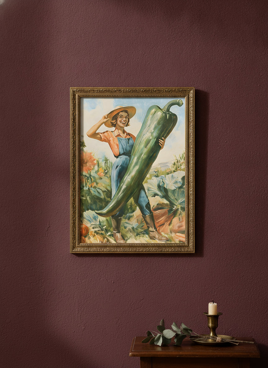 Vintage Farmer Woman Garden Art art print shown in a burgundy brass setting