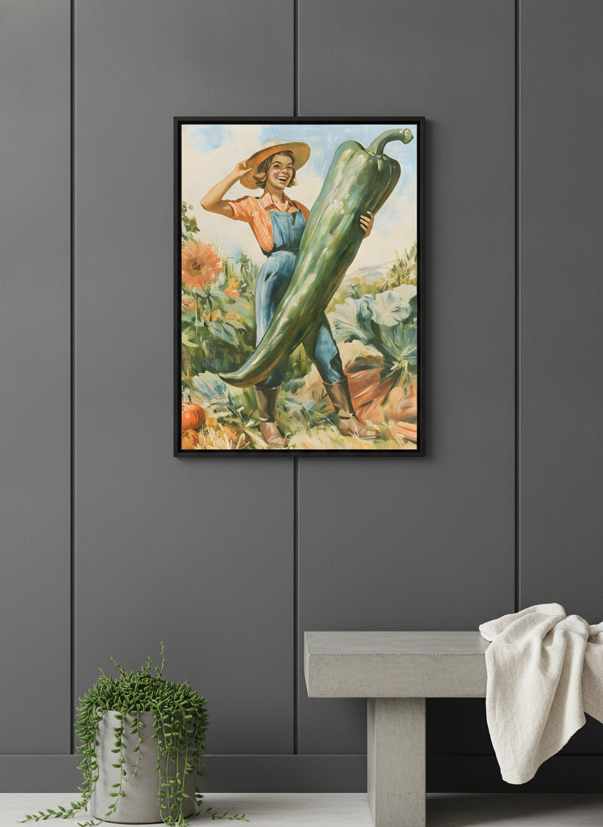 Vintage Farmer Woman Garden Art art print shown in a charcoal minimal black setting