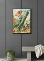 Vintage Farmer Woman Garden Art art print shown in a charcoal minimal black setting