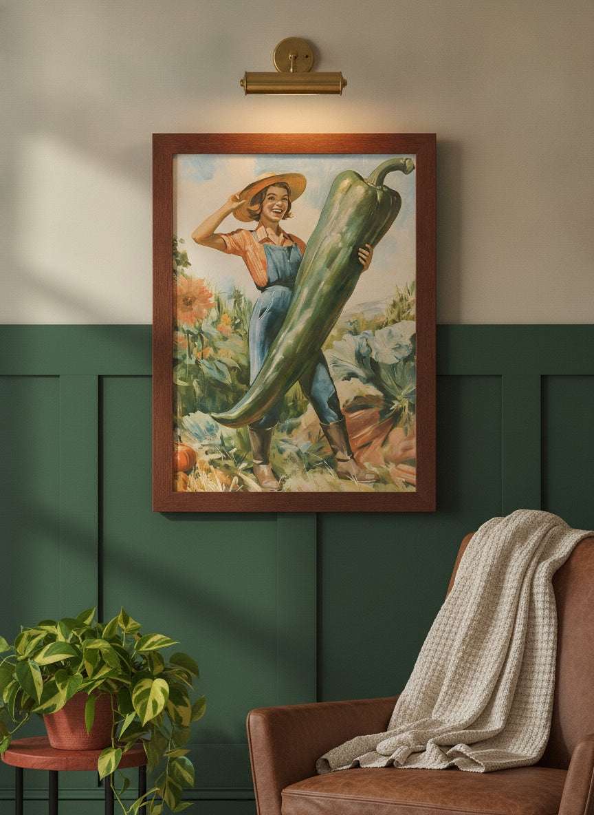 Vintage Farmer Woman Garden Art art print shown in a forest green walnut setting