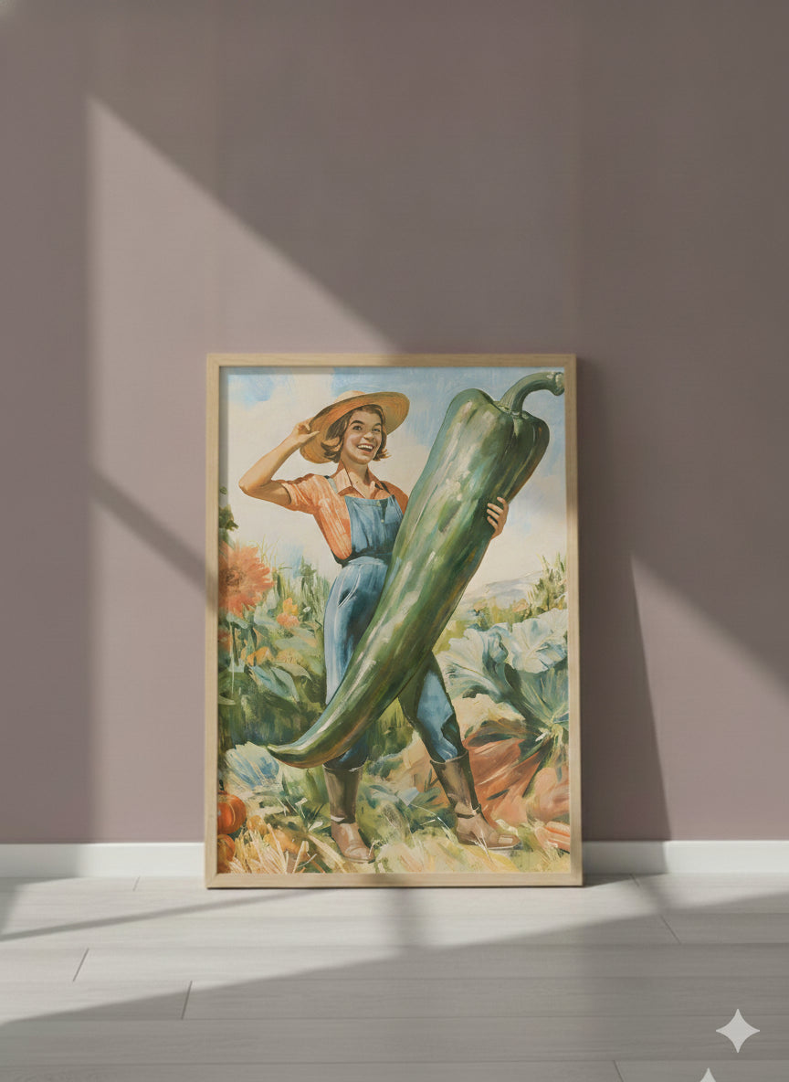Vintage Farmer Woman Garden Art art print shown in a purple setting