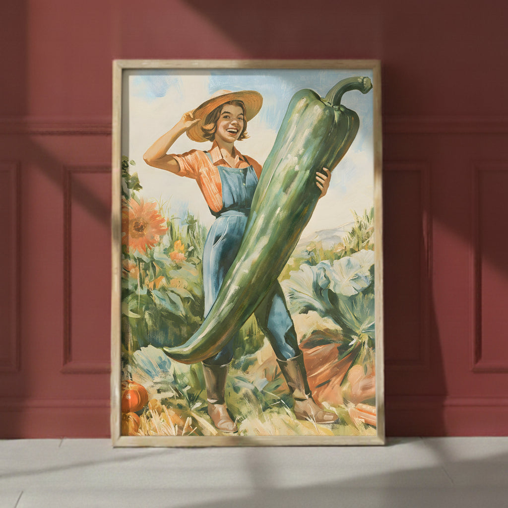 Vintage Farmer Woman Garden Art art print shown in a red setting