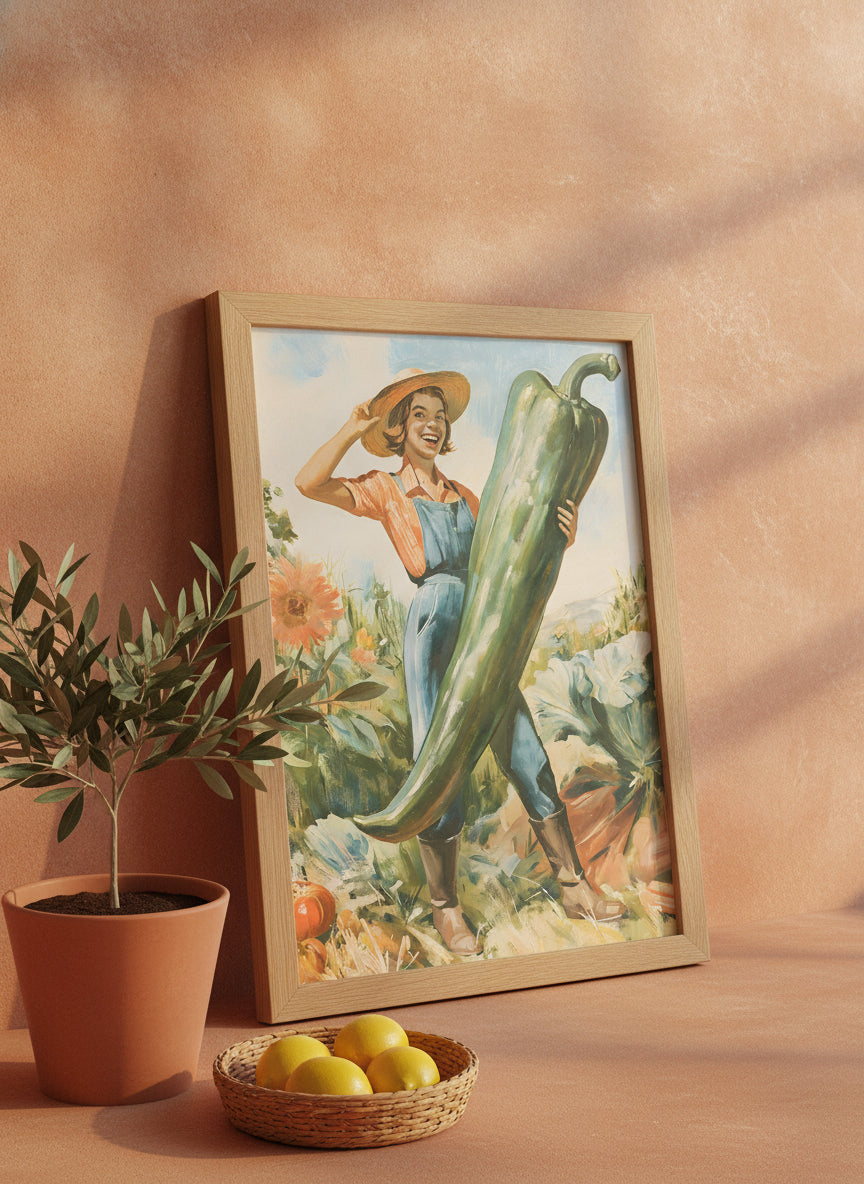 Vintage Farmer Woman Garden Art art print shown in a terracotta rustic setting